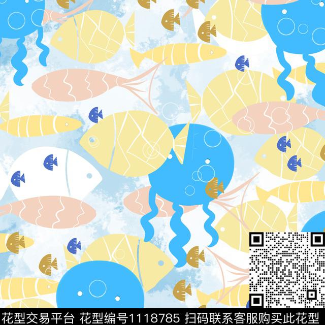 几何海洋.jpg - 1118785 - 热带鱼 趣味 几何 - 数码印花花型 － 女装花型设计 － 瓦栏