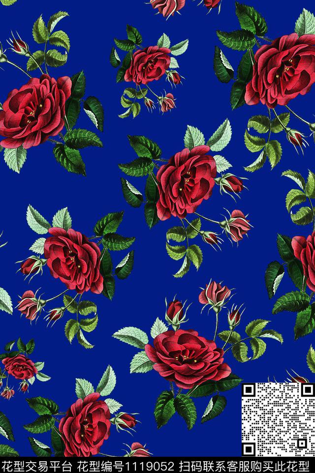 18056.jpg - 1119052 - 女装 手绘花卉 玫瑰花 - 数码印花花型 － 女装花型设计 － 瓦栏