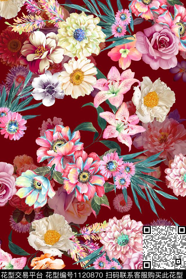 手绘花-分层.jpg - 1120870 - 数码花型 花卉 1/2接 - 数码印花花型 － 女装花型设计 － 瓦栏