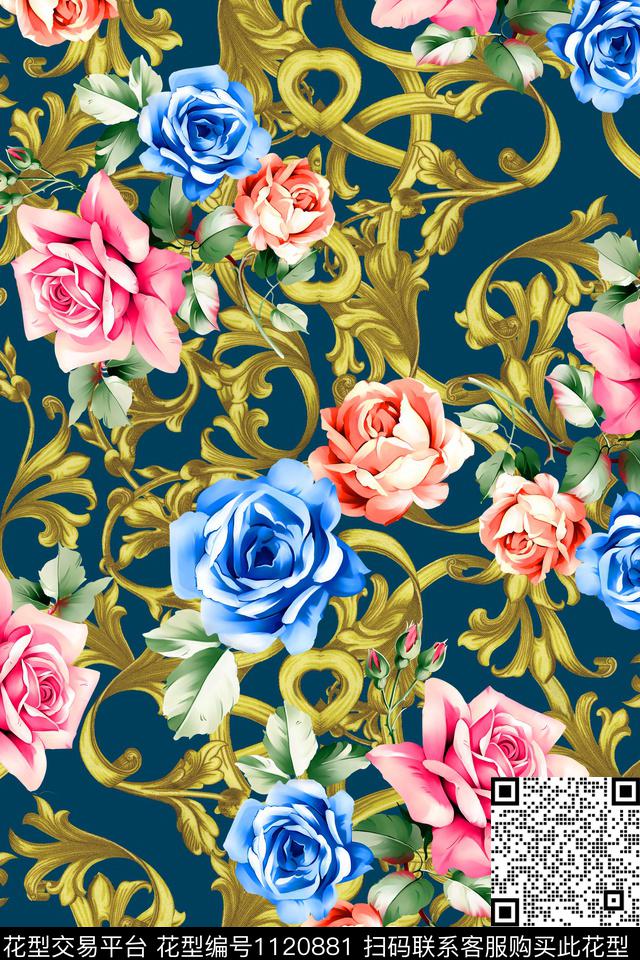 欧式花纹-分层.jpg - 1120881 - 数码花型 花卉 1/2接 - 数码印花花型 － 女装花型设计 － 瓦栏