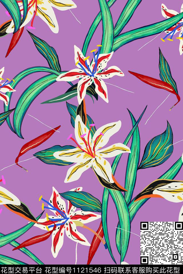 热带花型原创手绘热情夏威夷传统印花花型下载（图片编号: 1121546） - 瓦栏（Walan）