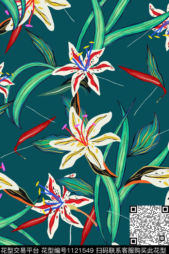 热带花型原创手绘热情夏威夷传统印花花型下载（图片编号: 1121549） - 瓦栏（Walan）