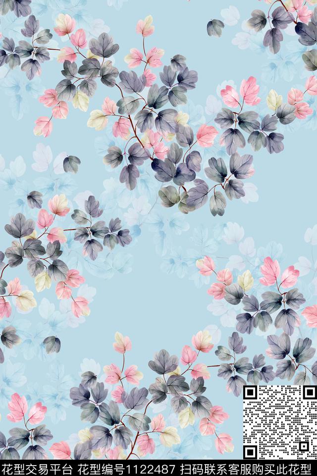 水彩手绘叶子炫彩数码印花花型下载（图片编号: 1122487） - 瓦栏（Walan）