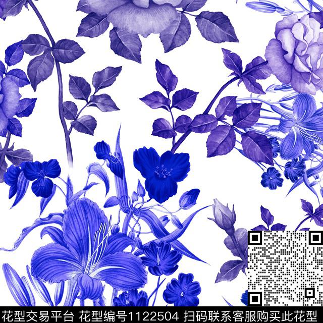 09004.jpg - 1122504 - 满版散花 植物 青花瓷 - 数码印花花型 － 女装花型设计 － 瓦栏