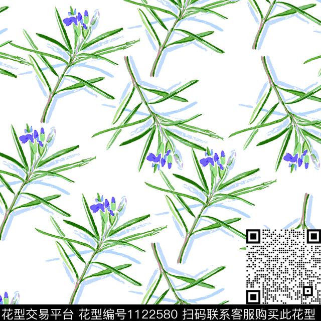 迷迭香.jpg - 1122580 - 手绘花卉 植物 2019ss - 传统印花花型 － 女装花型设计 － 瓦栏