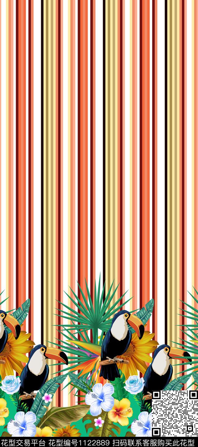 热带条纹定位花.jpg - 1122889 - 热带花型 条纹 花鸟 - 数码印花花型 － 女装花型设计 － 瓦栏