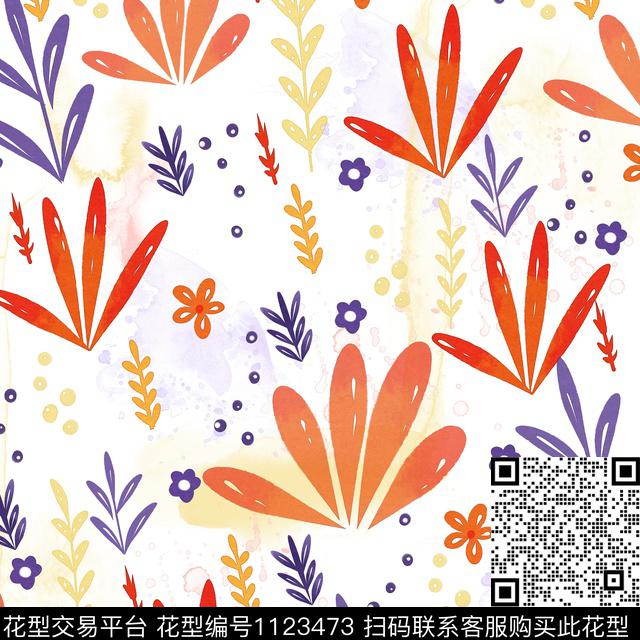 橘色紫色植物.jpg - 1123473 - 手绘花卉 小碎花 水彩花卉 - 数码印花花型 － 女装花型设计 － 瓦栏
