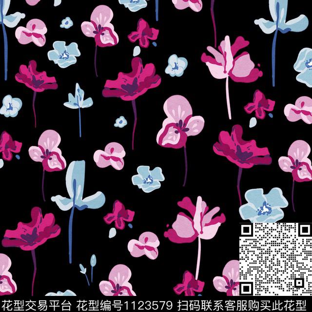 紫花绿花.jpg - 1123579 - 手绘花卉 黑底花卉 花卉 - 数码印花花型 － 女装花型设计 － 瓦栏