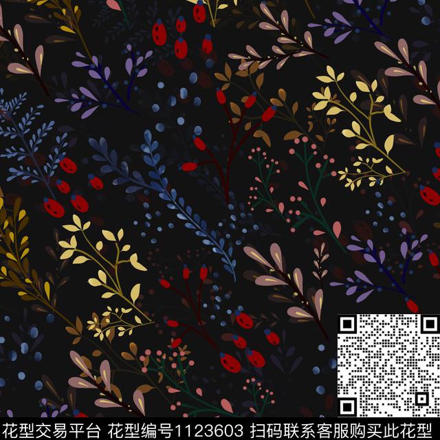 黑底植物.jpg - 1123603 - 黑底花卉 数码花型 花卉 - 数码印花花型 － 女装花型设计 － 瓦栏