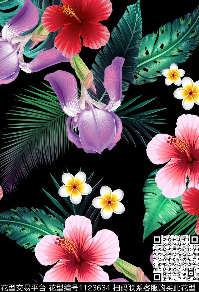 热带木槿花2.jpg - 1123634 - 手绘花卉 温室花卉 热带花型 - 数码印花花型 － 女装花型设计 － 瓦栏