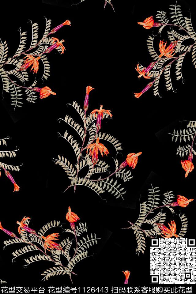 A181010.jpg - 1126443 - 数码花型 黑底花卉 民族风 - 数码印花花型 － 女装花型设计 － 瓦栏