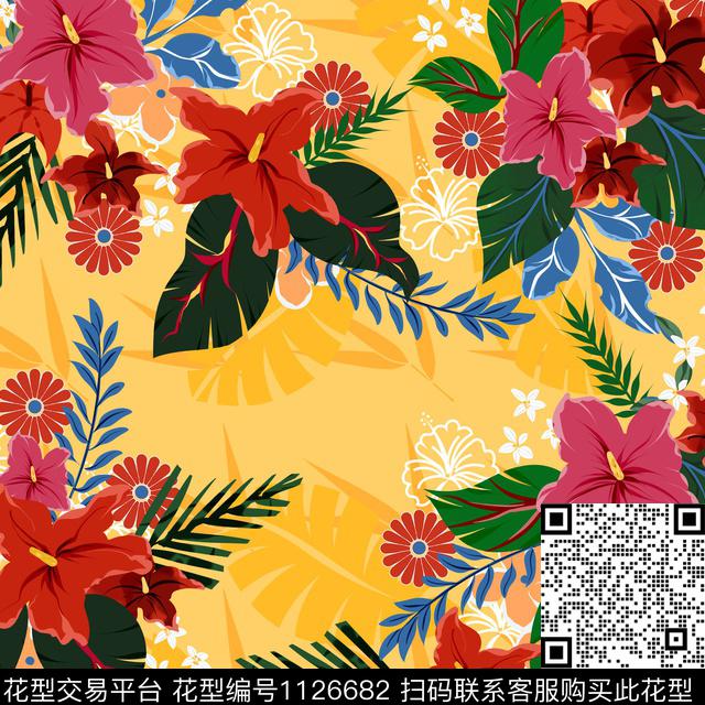 夏威夷.jpg - 1126682 - 花卉 手绘花卉 大牌风 - 数码印花花型 － 女装花型设计 － 瓦栏