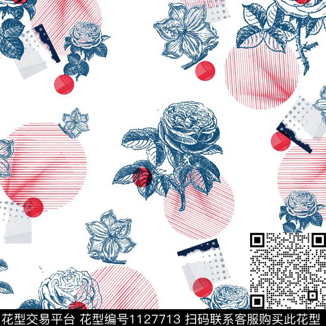 几何玫瑰.jpg - 1127713 - 黑白条纹 手绘玫瑰 几何 - 数码印花花型 － 女装花型设计 － 瓦栏