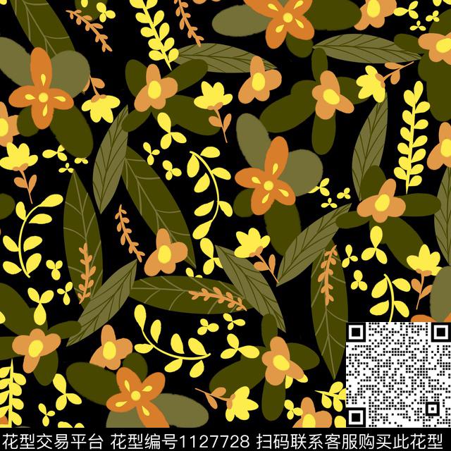 黑底橘色花.jpg - 1127728 - 数码花型 黑底花卉 手绘花卉 - 数码印花花型 － 女装花型设计 － 瓦栏