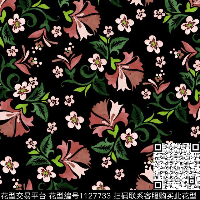花艺2.jpg - 1127733 - 数码花型 黑底花卉 手绘花卉 - 数码印花花型 － 女装花型设计 － 瓦栏