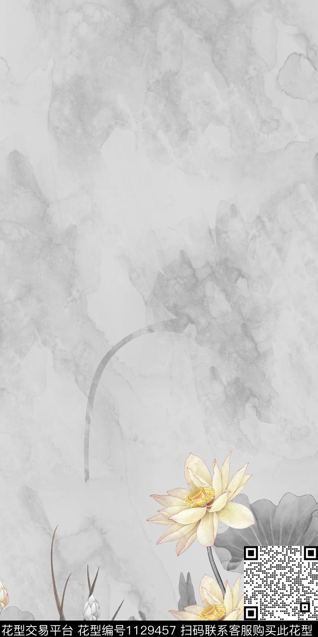 水墨荷花.jpg - 1129457 - 荷花 水墨风 中国 - 数码印花花型 － 女装花型设计 － 瓦栏