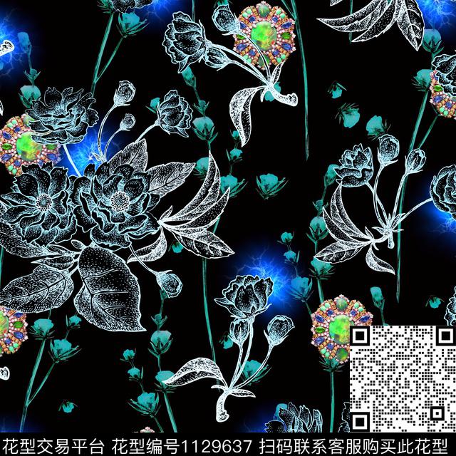 花朵小光团.jpg - 1129637 - 花卉 抽象 珠宝宝石 - 数码印花花型 － 女装花型设计 － 瓦栏