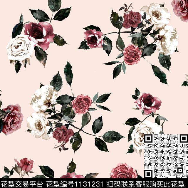 338.jpg - 1131231 - 手绘玫瑰 手绘花卉 春夏花型 - 传统印花花型 － 女装花型设计 － 瓦栏