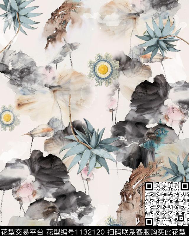 清爽底花卉抽象花卉数码印花花型下载（图片编号: 1132120） - 瓦栏（Walan）