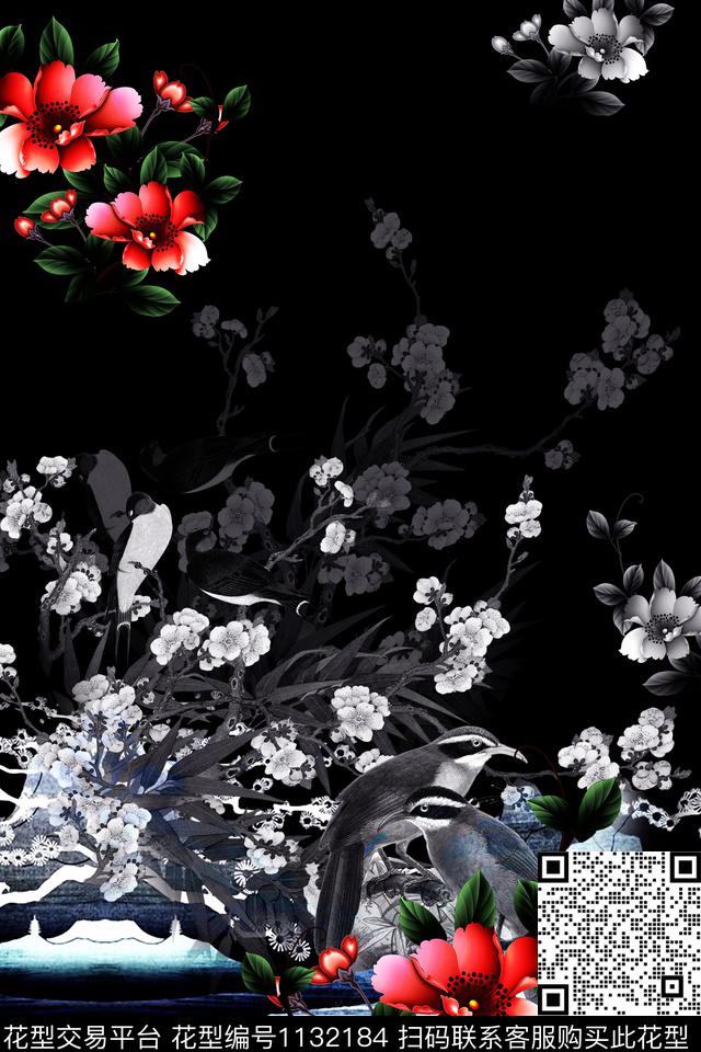 T8152.jpg - 1132184 - 鸟 数码花型 花卉 - 数码印花花型 － 男装花型设计 － 瓦栏