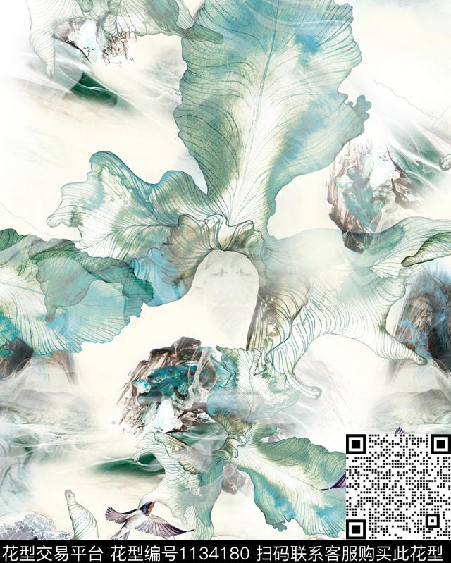 抽象清爽底花卉水墨风数码印花花型下载（图片编号: 1134180） - 瓦栏（Walan）