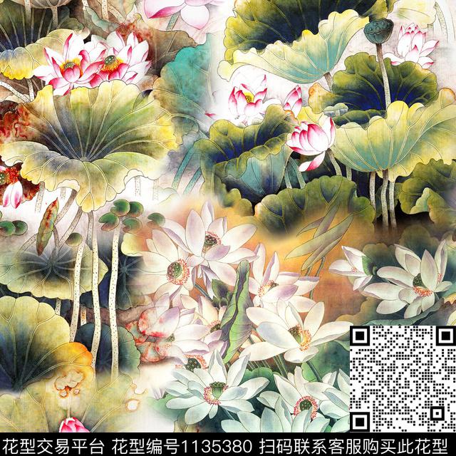 水彩荷花-分层.jpg - 1135380 - 数码花型 花卉 1/2接 - 数码印花花型 － 女装花型设计 － 瓦栏