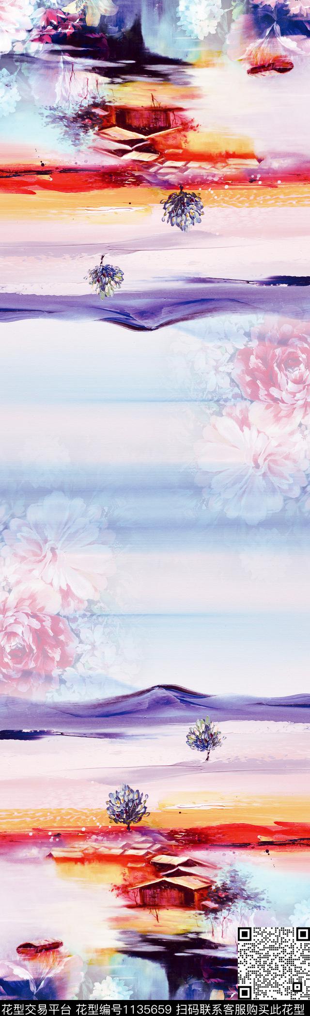 围巾风景景观数码花型数码印花花型下载（图片编号: 1135659） - 瓦栏（Walan）
