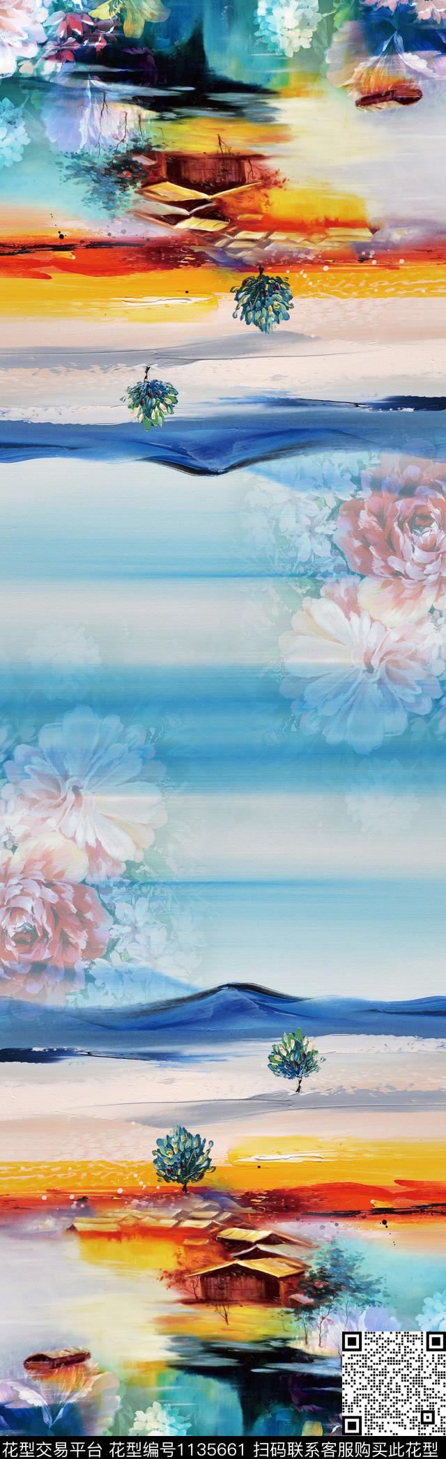 围巾风景景观数码花型数码印花花型下载（图片编号: 1135661） - 瓦栏（Walan）