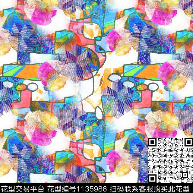 绚丽抽象色块绒球几何.jpg - 1135986 - 迷彩 抽象 几何 - 数码印花花型 － 女装花型设计 － 瓦栏