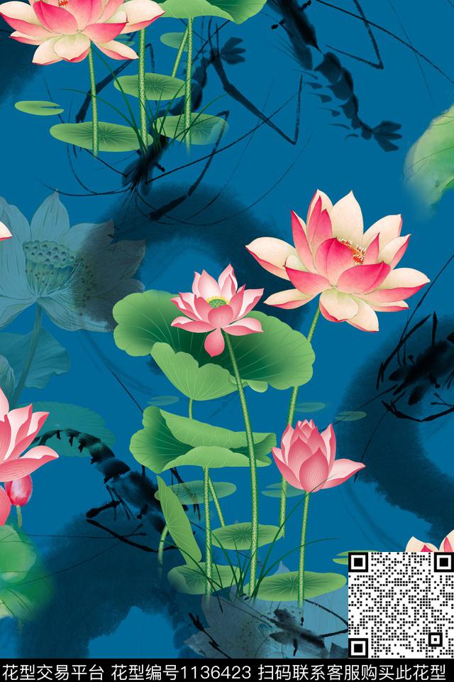 水墨虾-分层.jpg - 1136423 - 数码花型 花卉 1/2接 - 数码印花花型 － 女装花型设计 － 瓦栏