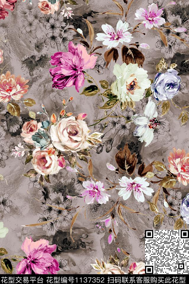 1807013-1.jpg - 1137352 - 数码花型 花卉 彩地花卉 - 数码印花花型 － 女装花型设计 － 瓦栏