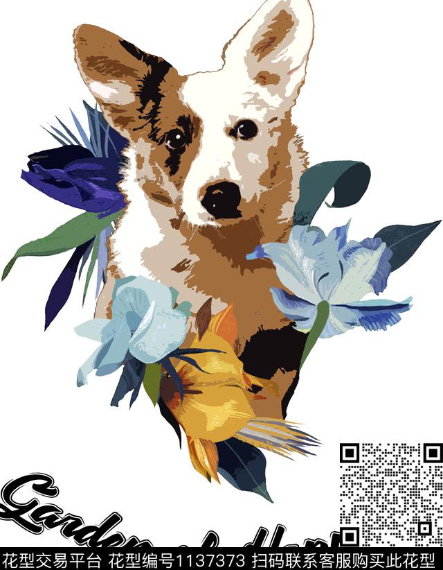 柯基犬+花丛.jpg - 1137373 - 字母 狗 胸前独幅 - 数码印花花型 － 女装花型设计 － 瓦栏