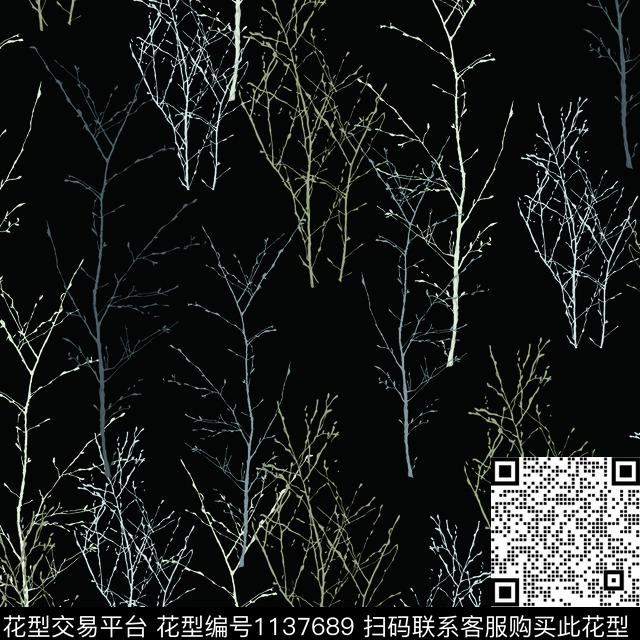 树枝.jpg - 1137689 - 抽象 树枝 黑底花卉 - 数码印花花型 － 女装花型设计 － 瓦栏