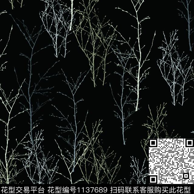 抽象树枝黑底花卉数码印花花型下载（图片编号: 1137689） - 瓦栏（Walan）