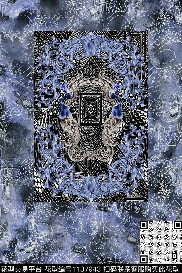 欧式抽象独幅男装T图.jpg - 1137943 - 复古 抽象 渐变 - 数码印花花型 － 男装花型设计 － 瓦栏