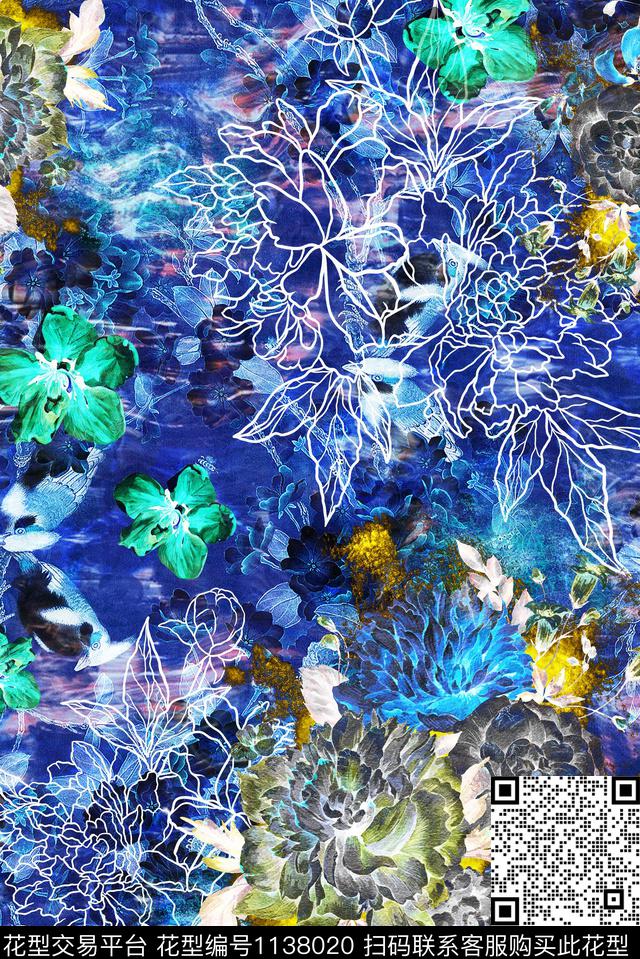 中国风朦胧工笔花鸟水彩花卉-1.jpg - 1138020 - 线条 抽象 水彩花卉 - 数码印花花型 － 女装花型设计 － 瓦栏