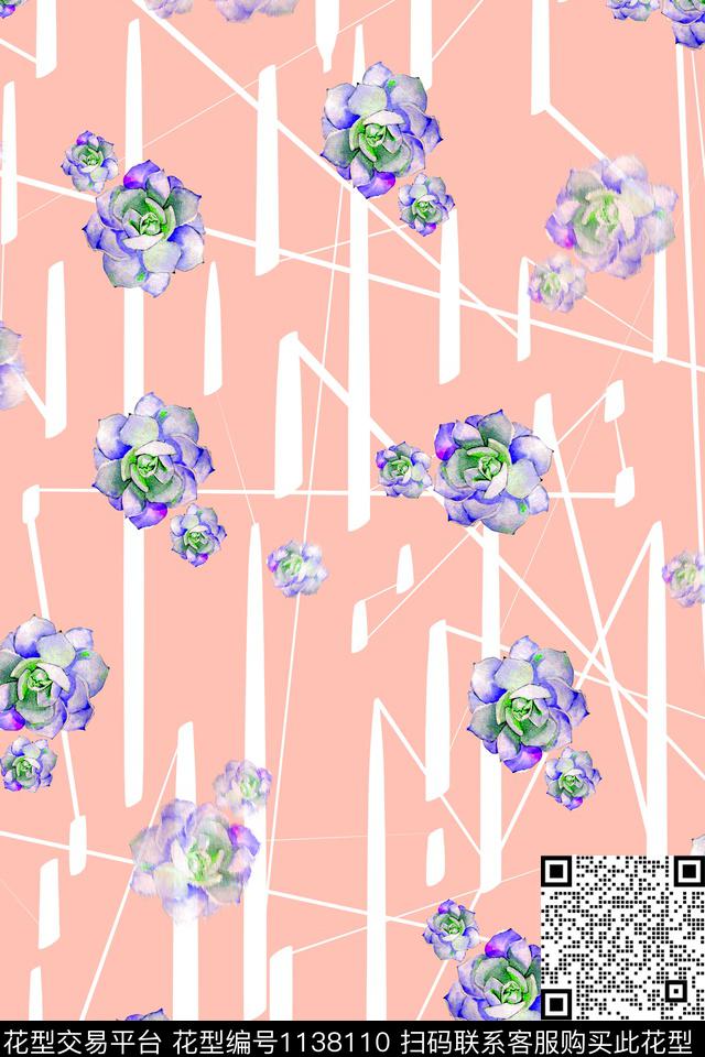 植物多肉5.jpg - 1138110 - 线条 多肉 女装 - 数码印花花型 － 女装花型设计 － 瓦栏