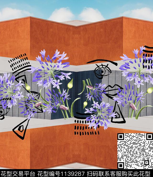 抽象定位花绿植树叶数码印花花型下载（图片编号: 1139287） - 瓦栏（Walan）