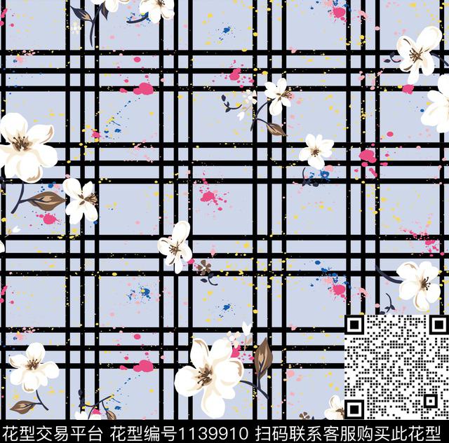 清新复古花+条格.jpg - 1139910 - 格子 条格 小碎花 - 传统印花花型 － 女装花型设计 － 瓦栏