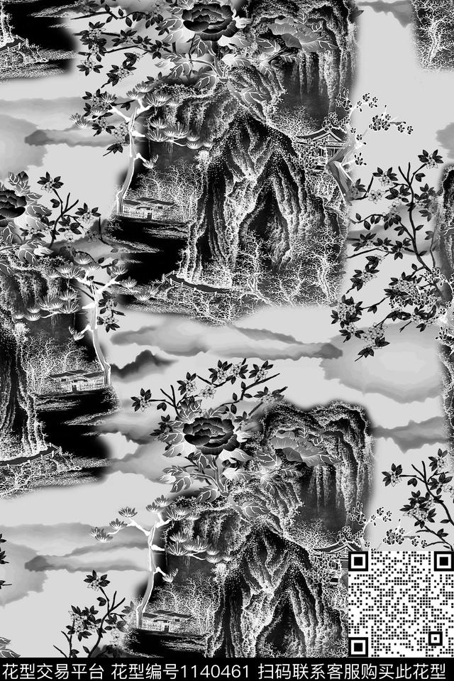Y17M403-2.jpg - 1140461 - 黑白系列 国画 天空 - 数码印花花型 － 男装花型设计 － 瓦栏