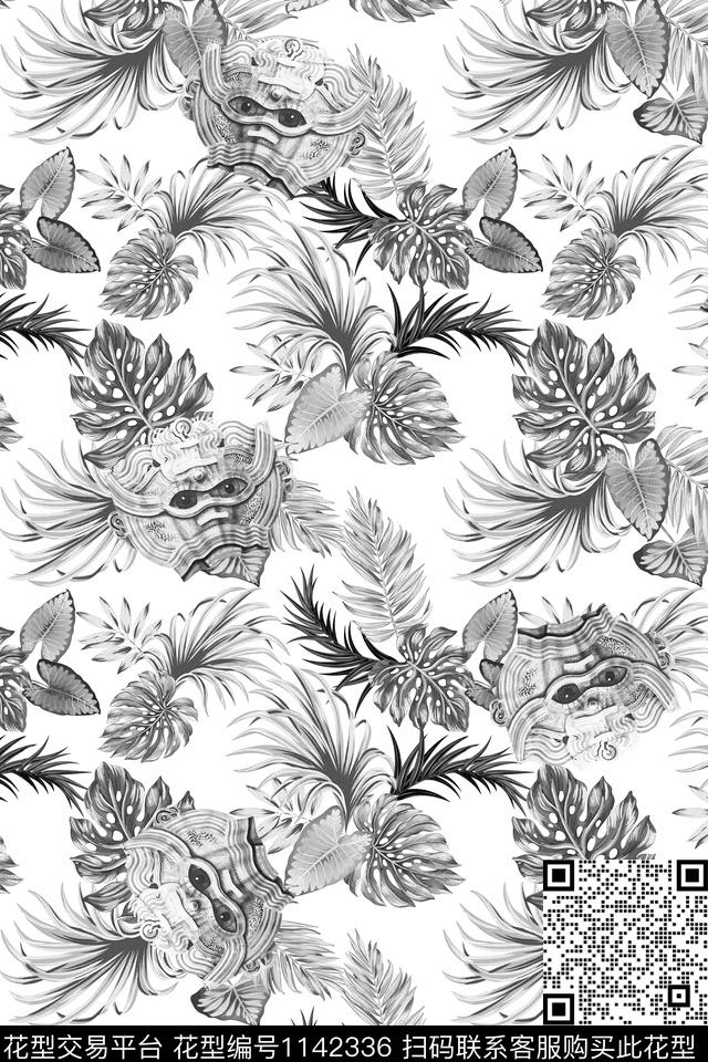 热带丛林古朴面具-1.jpg - 1142336 - 大牌风 热带花型 绿植树叶 - 数码印花花型 － 男装花型设计 － 瓦栏