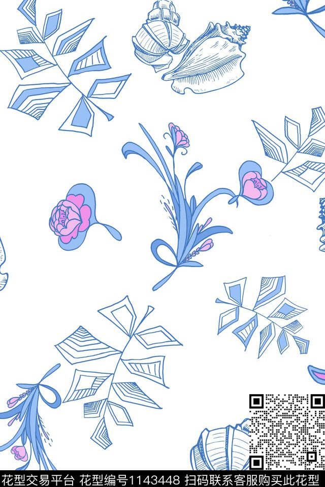 插画26.jpg - 1143448 - 手绘 蓝色 小清新 - 数码印花花型 － 女装花型设计 － 瓦栏
