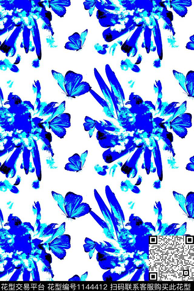 飞鸟与蝴蝶.jpg - 1144412 - 鸟/昆虫 休闲 数码花型 - 数码印花花型 － 女装花型设计 － 瓦栏