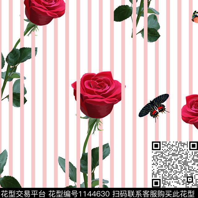 条纹蝴蝶定位花数码印花花型下载（图片编号: 1144630） - 瓦栏（Walan）
