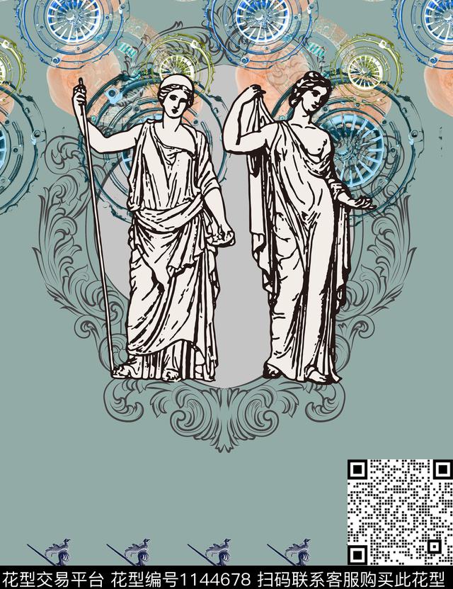 欧式古典女神士兵纹样-1.jpg - 1144678 - 古典花纹 抽象 几何 - 数码印花花型 － 女装花型设计 － 瓦栏