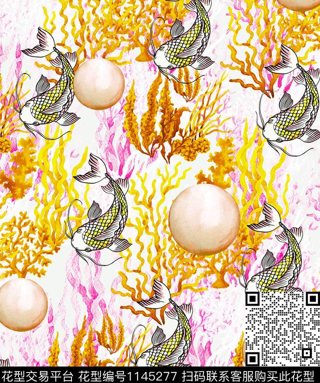 清新海洋鱼儿水泡-1.jpg - 1145277 - 珊瑚 水彩 海洋 - 数码印花花型 － 女装花型设计 － 瓦栏