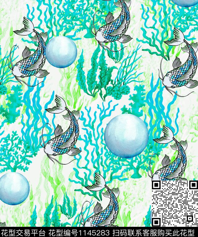 清新海洋鱼儿水泡.jpg - 1145283 - 珊瑚 水彩 海洋 - 数码印花花型 － 女装花型设计 － 瓦栏