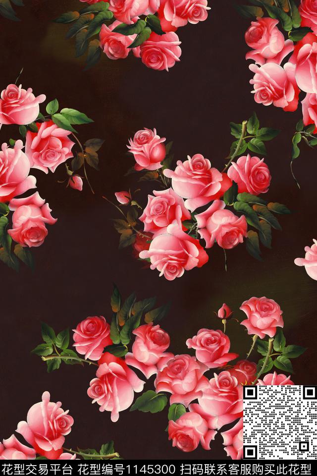 玫瑰花2-分层.jpg - 1145300 - 数码花型 花卉 1/2接 - 数码印花花型 － 女装花型设计 － 瓦栏