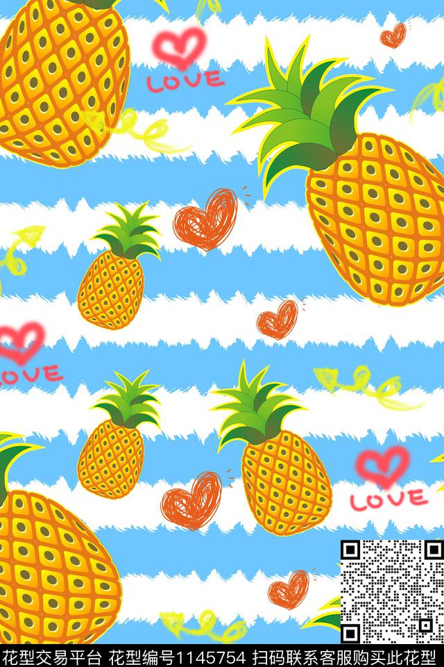 小菠萝.jpg - 1145754 - 条纹 菠萝 卡通 - 传统印花花型 － 童装花型设计 － 瓦栏