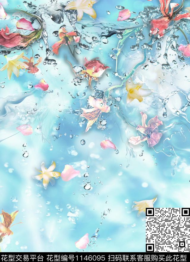 百合玫瑰花水花数码印花花型下载（图片编号: 1146095） - 瓦栏（Walan）
